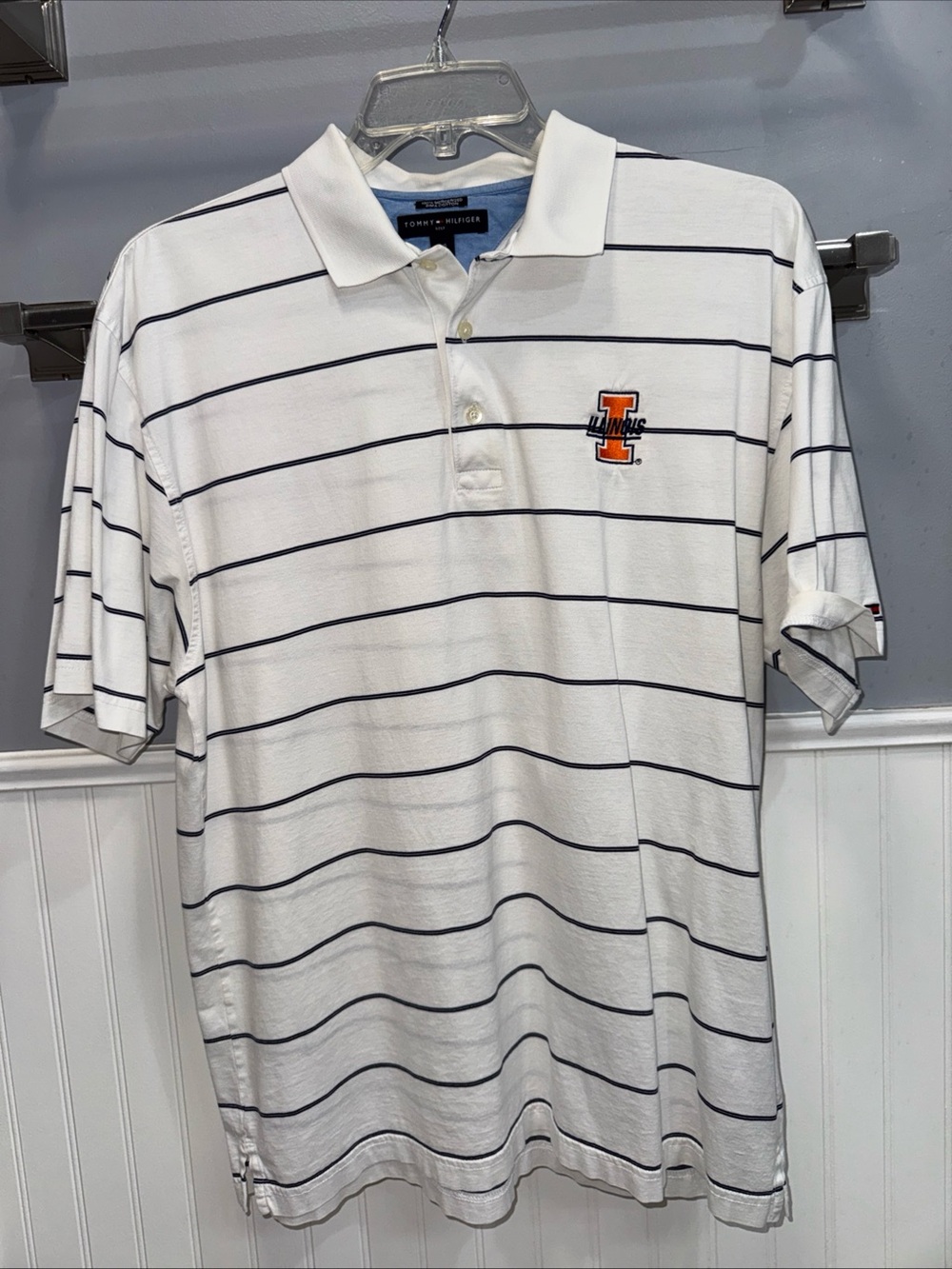 Tommy Hilfiger Men’s White Polo with Navy Stripes and Orange Illinois Logo
